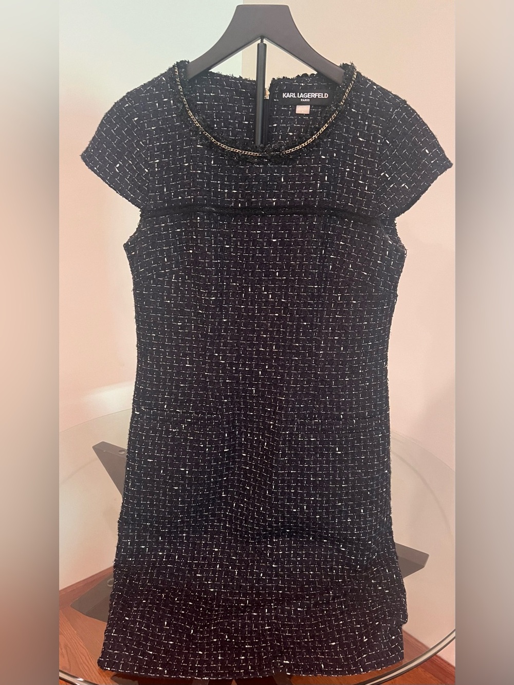 Karl Lagerfeld Black Tweed Short-Sleeve Shift Dress with Metallic Trim